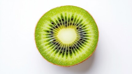 A fresh kiwi sliced in half, showing the bright green flesh and black seeds, placed on a white background.