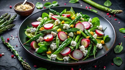 Wall Mural - Fresh spring vegetable salad with asparagus, zucchini, radish, spinach, and goat cheese on dark background