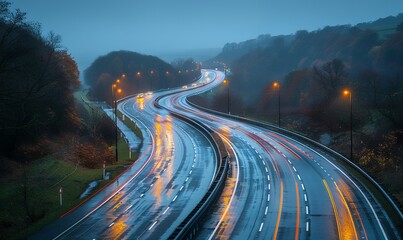 A winding highway stretches into the distance, with a misty background and glowing streetlights.