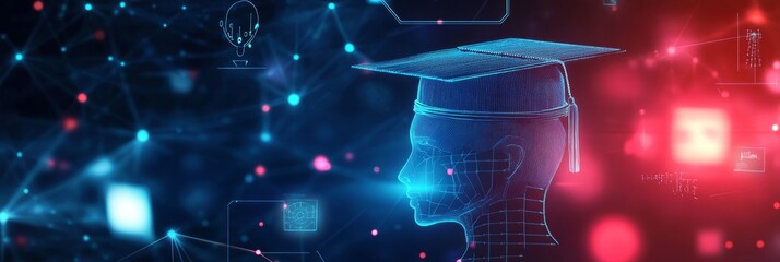 Wall Mural - digital education concept with icons of computer, graduation cap and school board on blurred background. Digital learning online system for distance education or futuristic new AI technology