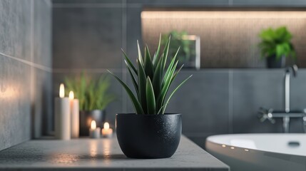 Canvas Print - A potted plant sits on a countertop in a modern bathroom, with candles and other plants in the background