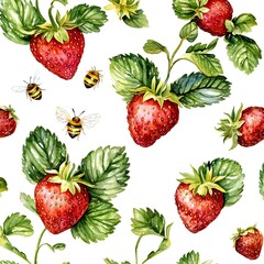 Sticker - Watercolor Strawberry Seamless Pattern with Bees