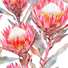 Wall Mural - Watercolor Pink Protea Flowers