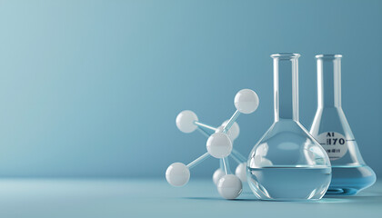 Wall Mural - Laboratory glassware and molecule model on blue background