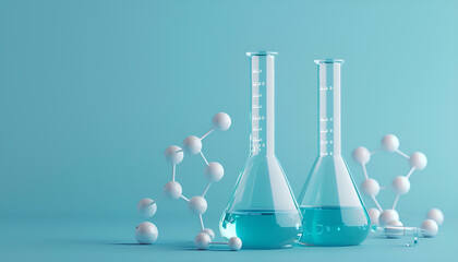 Wall Mural - Laboratory glassware and molecule model on blue background