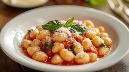 A plate of homemade gnocchi with a rich tomato sauce and fresh basil, garnished with Parmesan cheese.