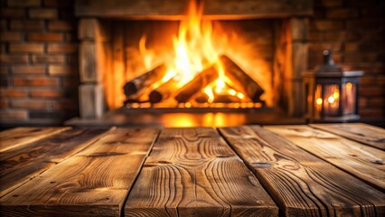 Poster - Empty wooden surface with cozy blurred fireplace in the background for product display or montage