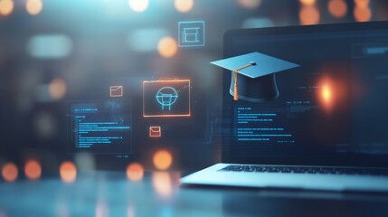 Wall Mural - digital education concept with icons of computer, graduation cap and school board on blurred background. Digital learning online system for distance education or futuristic new AI technology