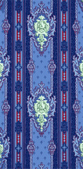 Blue vintage wallpaper with red and green floral pattern, likely from victorian era, suitable for interior design projects.