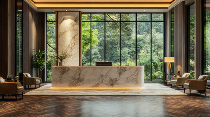 A luxurious lobby with a marble reception desk, comfortable armchairs for waiting, a large window showcasing nature, wooden floors, and stylish decorations.