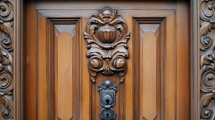 Wall Mural - A beautifully restored vintage wooden door with elaborate carvings and an antique lock, adding historical charm to a classic home entryway.