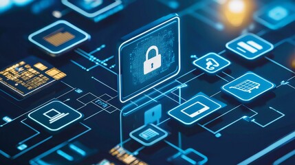 an e-commerce transaction being securely processed, with digital encryption symbols and secure payme