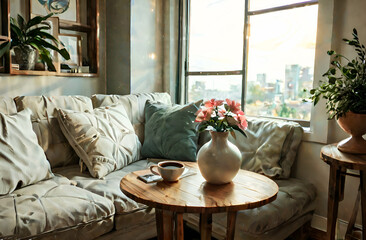 corner sofa and coffee table close-up by the window