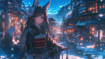 Sticker - close-up portrait of an anime girl with fox ears and fox tail Traditional Japanese fantasy background