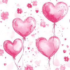 Sticker - Watercolor Pink Heart Balloons and Flowers