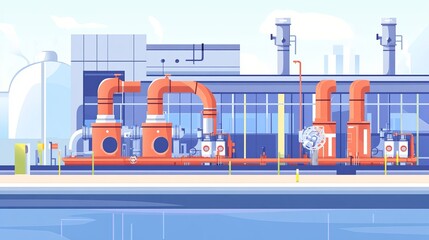 vector flat illustration of an industrial water pump station showcasing water pumping technology at 