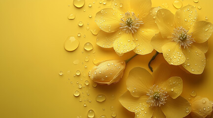 Wall Mural - Beautiful elegant yellow color flowers and waterdrops on yellow color background, dark theme, wallpaper design, minimalist design
