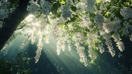 Sticker - A canopy of blossoms hangs overhead, their petals forming a natural ceiling that filters the sunlight, creating a soft