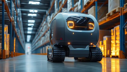 Wall Mural - Autonomous Robot Gliding Through Aisles of a Cutting-Edge Warehouse with Illuminated Features