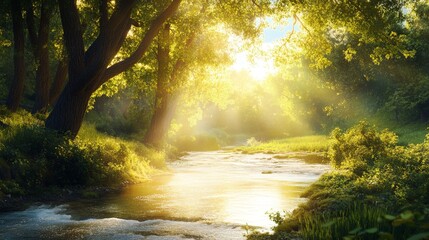 Wall Mural - A charming summer background with a serene river flowing through a forest. Sunlight filters through the trees,