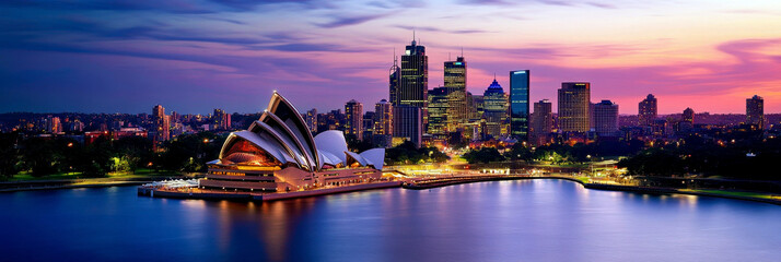 View of Sydney. Sydney Opera House in festive evening illumination. Happy Australia Day. Horizontal banner. Free space for text. Holiday template for poster, greeting card