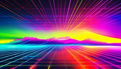 Surreal neon landscape with radiating lines, colorful gradients, and a grid foreground evoking a captivating digital world