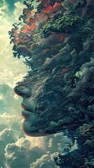 Wall Mural - A woman's face is formed from trees and clouds in a surreal and abstract digital artwork.