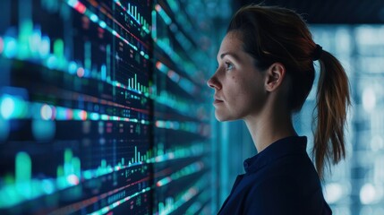 A focused woman carefully studies stock market data displayed on a digital screen, representing data analysis, financial trends, and technology in a modern office setting.