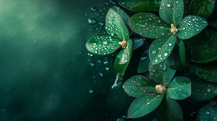 Wall Mural - Beautiful elegant green color flowers and waterdrops on green color background, dark theme, wallpaper design, minimalist design
