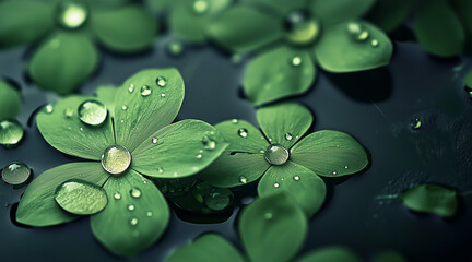 Wall Mural - Beautiful elegant green color flowers and waterdrops on green color background, dark theme, wallpaper design, minimalist design
