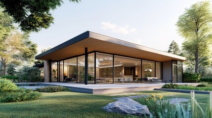 Wall Mural - A contemporary new house featuring a flat roof and expansive glass walls.