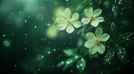 Wall Mural - beautiful elegant green color flowers and waterdrops on green color background, dark theme, wallpape