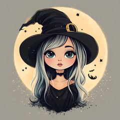 Cute cartoon witch with long gray hair, wearing a large black hat and necklace against a moonlit background with stars and bats