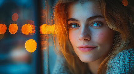 Wall Mural - A woman with blue eyes and blonde hair is smiling at the camera. She is wearing a white sweater and is looking out of a window