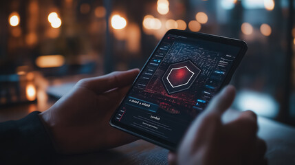 Wall Mural - a person is holding a tablet with a red shield on it