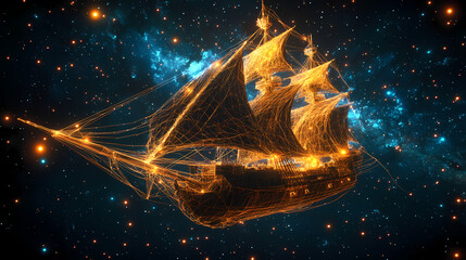 Wall Mural - a futuristic pirate ship sailing through the cosmos constructed of wireframe mesh and advanced techn