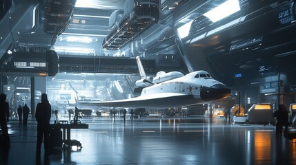 Wall Mural - a futuristic spaceport with advanced spacecraft and launch systems.