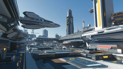 Wall Mural - a futuristic spaceport with advanced spacecraft and launch systems.