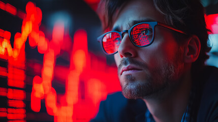 Wall Mural - A man wearing sunglasses is looking at a screen with red numbers. Concept of focus and concentration as the man stares at the numbers. The red background adds a sense of urgency