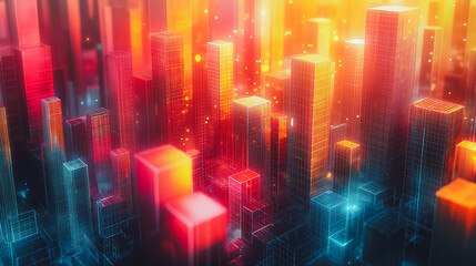 Wall Mural - A cityscape with buildings made of cubes in a bright, colorful city. The buildings are illuminated with lights, giving the impression of a futuristic city