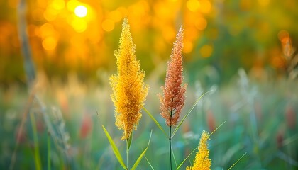 Wall Mural - Yellow grass field with a focused green plant against a blurred background.