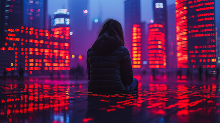 Wall Mural - A woman sits in front of a city skyline. The city is lit up in red, creating a moody and mysterious atmosphere