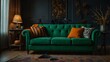 © Kasper - Halloween-themed living room with green sofa and broom