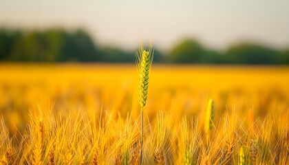 Wall Mural - Yellow grass field with a focused green plant against a blurred background.