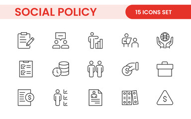 Set of Social Policy and Insuranceline icons. Outline icon collection related to education, insurance, law, goverment and more.