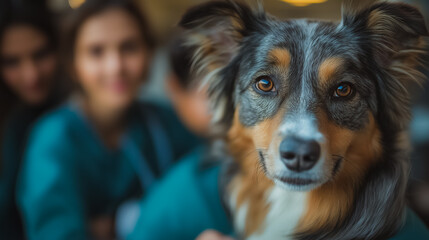 A dog with a brown and white face is looking at the camera. The dog is surrounded by people, including two women and a man. The people are wearing blue and green clothing