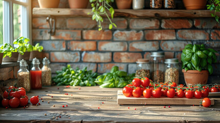 background of kitchen counter with fruits and vegetables 