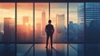 © arthit - Businessman standing in front of a window overlooking the city skyline, representing ambition and success.