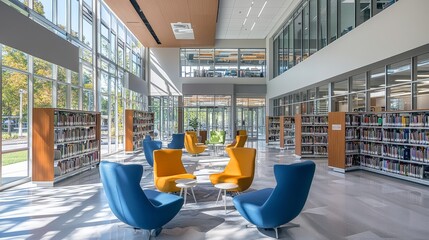 A modern library with an innovative design features open, flexible spaces, natural light, and sustainable materials,