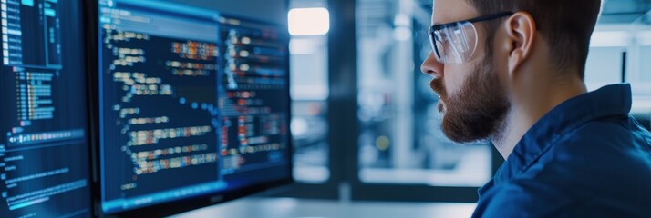 male software engineer wearing protective glasses, focused on coding on dual monitors in a modern te
